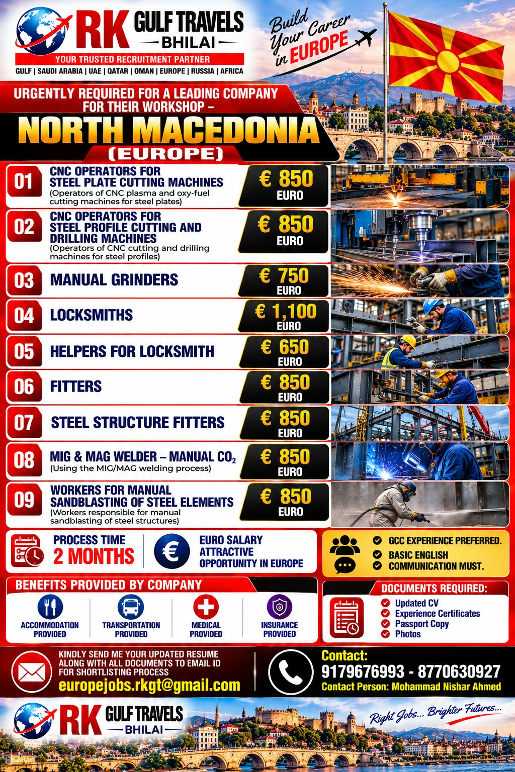 HIRING FOR A LEADING COMPANY FOR THEIR STEEL STRUCTURE & MACHINE SHOP – NORTH MACEDONIA (EUROPE)