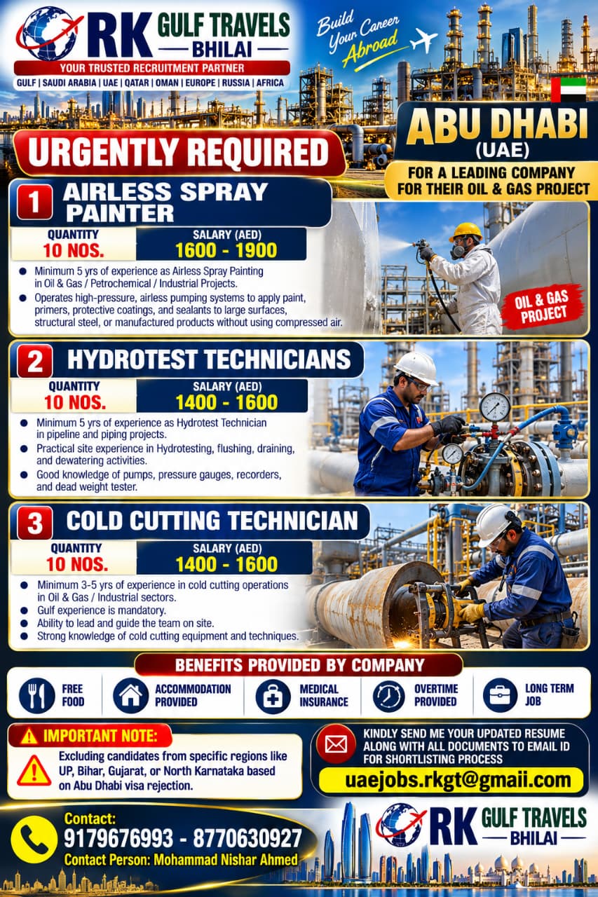 HIRING FOR A LEADING OIL & GAS PROJECT – ABU DHABI (UAE).