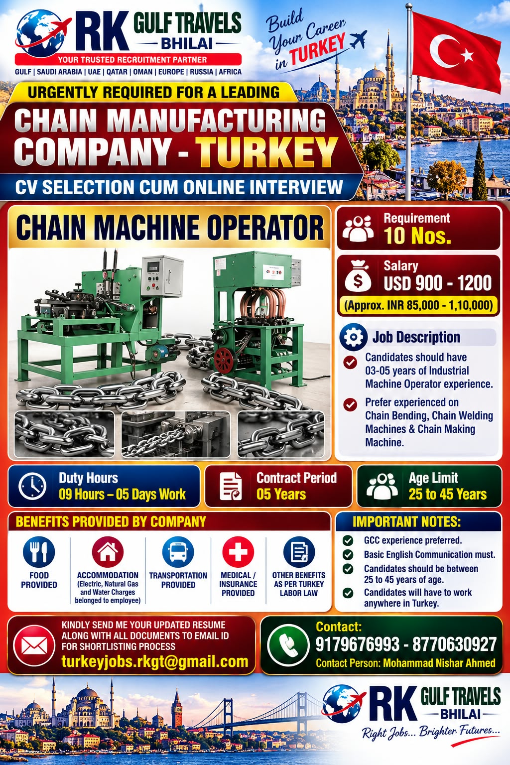 HIRING FOR A LEADING CHAIN MANUFACTURING COMPANY – TURKEY