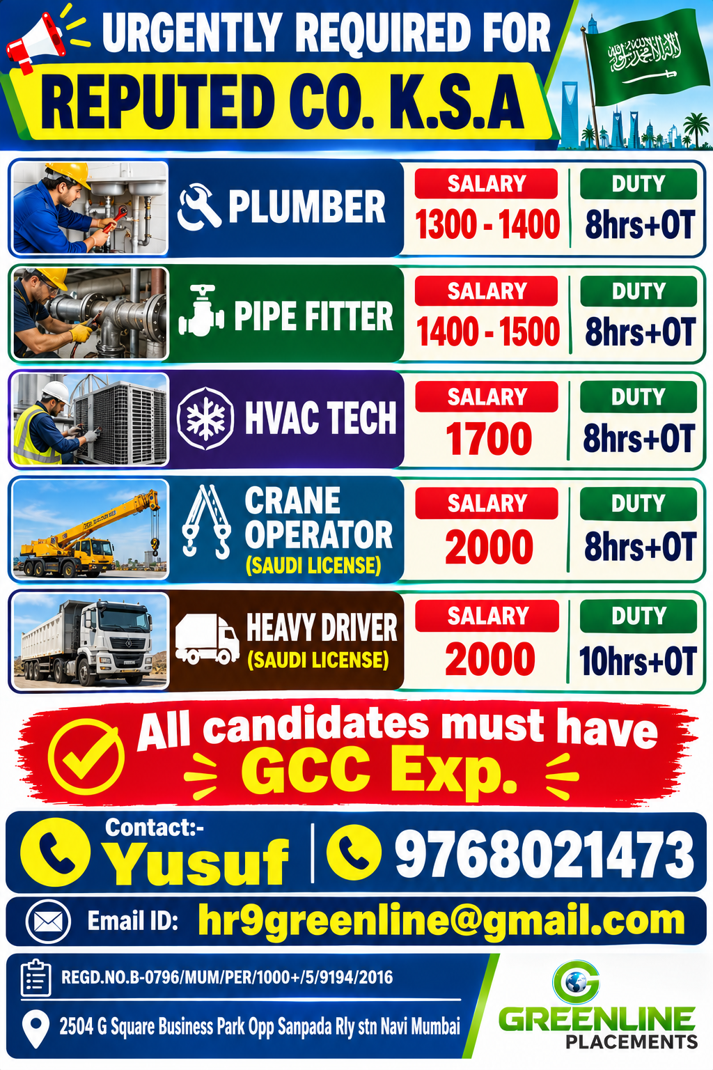 URGENTLY REQUIRED FOR REPUTED CO. K.S.A