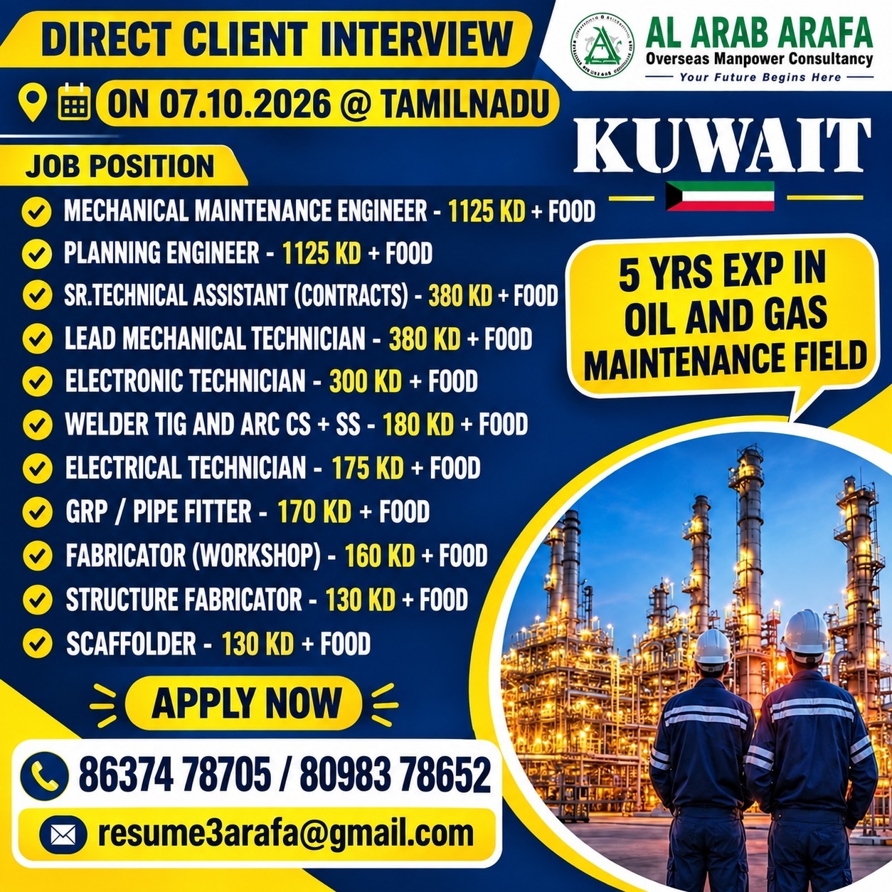 DIRECT CLIENT INTERVIEW ON 07.10.2026 @ TAMILNADU