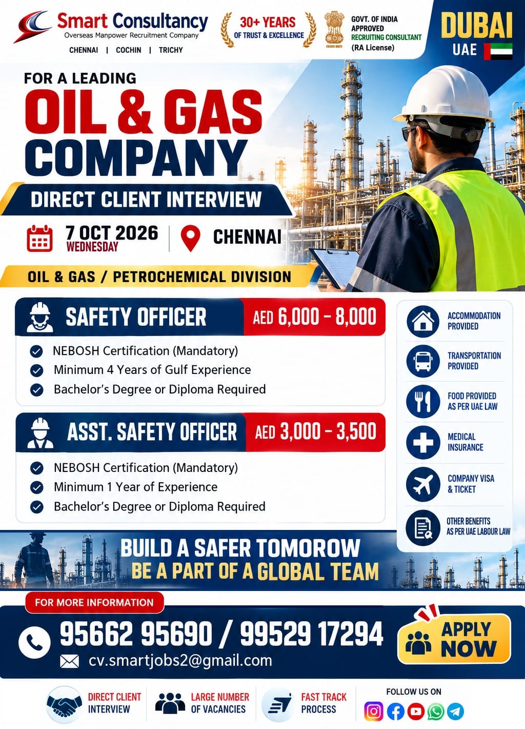 Dubai Oil & Gas Recruitment | Safety Officer & Asst. Safety Officer | Chennai – 7 October 2026