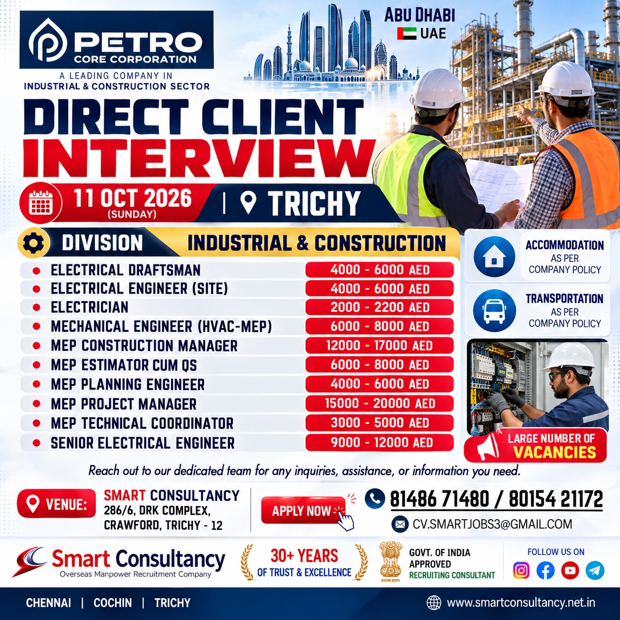 Electrician Opportunity – Dubai, UAE | Petro Core Corporation | Trichy Interview – 11 October 2026
