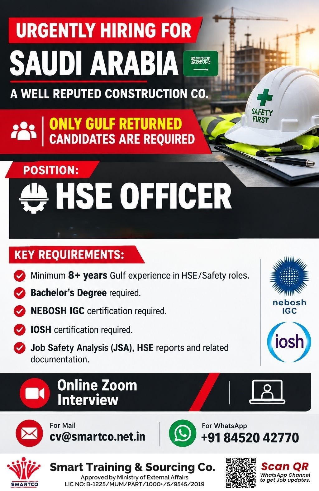 URGENTLY HIRING FOR SAUDI ARABIA  A WELL REPUTED CONSTRUCTION CO.