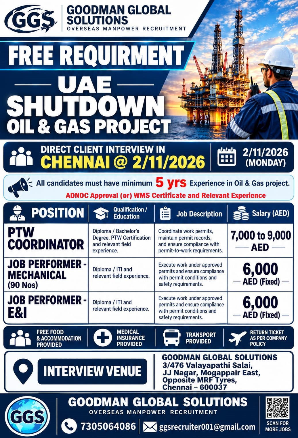 UAE – SHUTDOWN OIL & GAS PROJECT  FREE RECRUITMENT – DIRECT CLIENT INTERVIEW  📍 CHENNAI – 02/11/2026 (MONDAY)