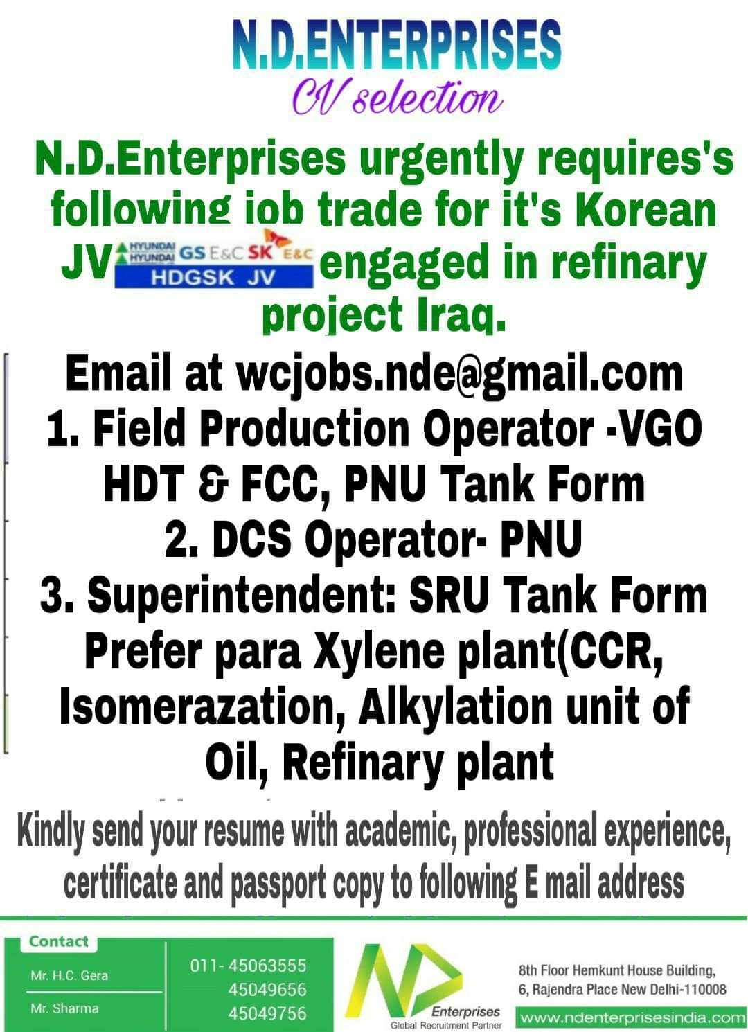 URGENTLY REQUIRES FOR JOB TRADE IN REFINARY PROJECT